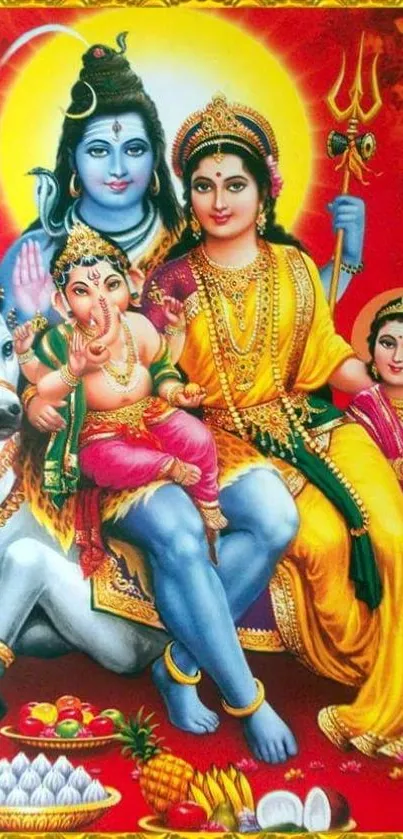 Colorful depiction of a divine family in traditional art on a mobile wallpaper.