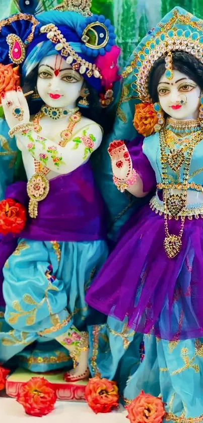 Vibrant and colorful divine art figures in traditional attire.