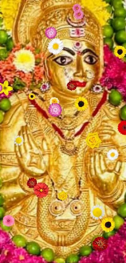 Gold deity adorned with colorful flowers in a vibrant display.