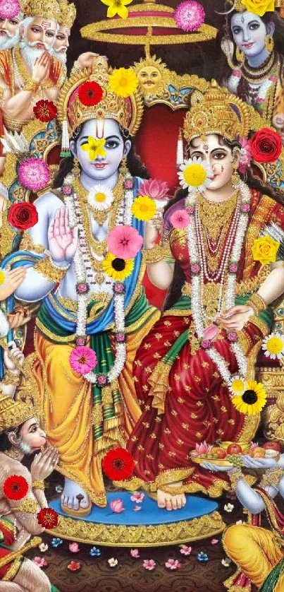 Colorful Hindu deities art with vibrant flowers.