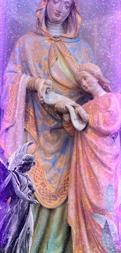 Vibrant wallpaper featuring divine statues with a purple aura and pastel colors.