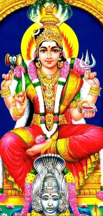 Colorful divine figure on an ornate throne.