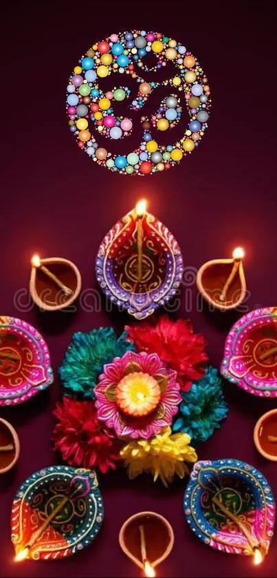 Vibrant Diwali wallpaper with colorful diyas, flowers, and Om symbol.