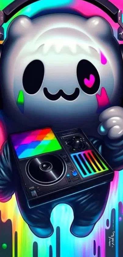 Colorful cartoon DJ bear with rainbow background.