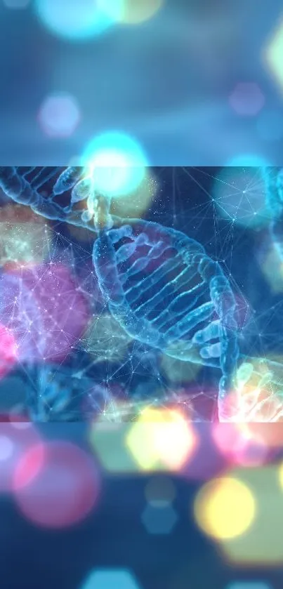 Abstract DNA strands with colorful bokeh lights in a blue theme.