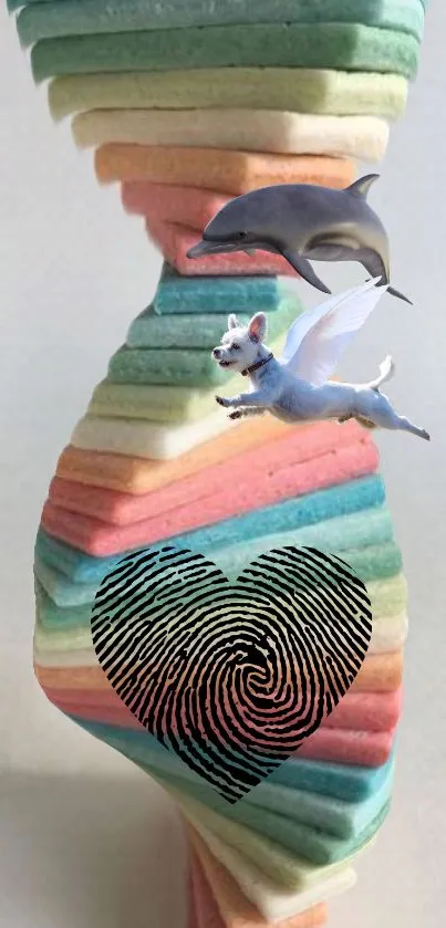 Colorful DNA helix with a dolphin, flying dog, and heart fingerprint.