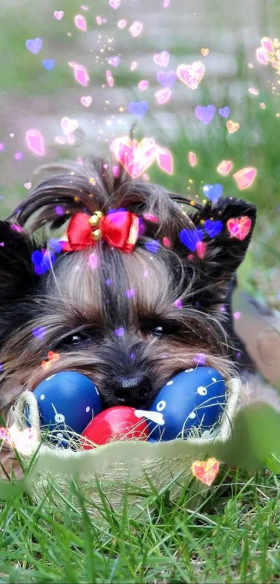 Adorable dog with bow and sparkling hearts, colorful mobile wallpaper.