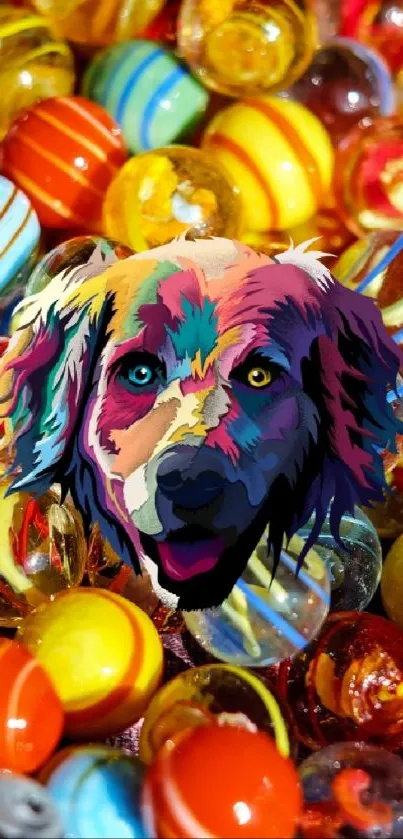 Dog surrounded by colorful marbles, lively art.