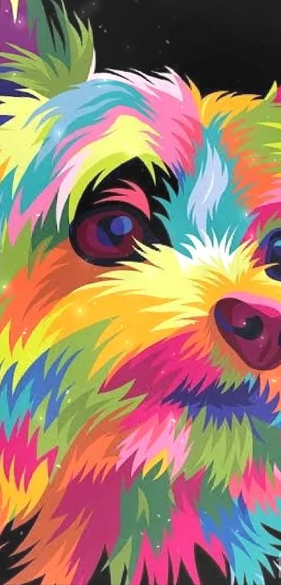 Vibrant colorful dog in pop art style with black background.