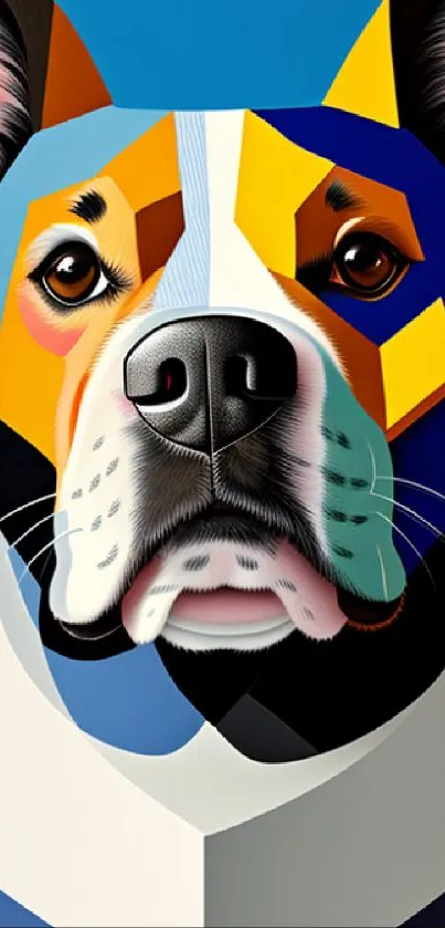 Colorful geometric dog art on blue background.