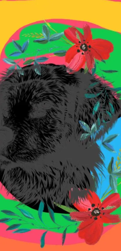 Abstract colorful wallpaper featuring dog silhouette and flowers.