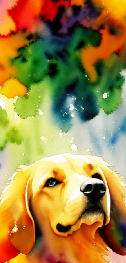 Vibrant watercolor-effect dog wallpaper with colorful background.