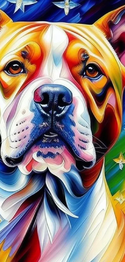 Colorful, abstract dog artwork with vibrant tones and stars.