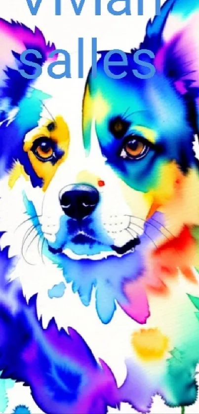 Colorful watercolor dog art with vibrant splashes on mobile wallpaper.