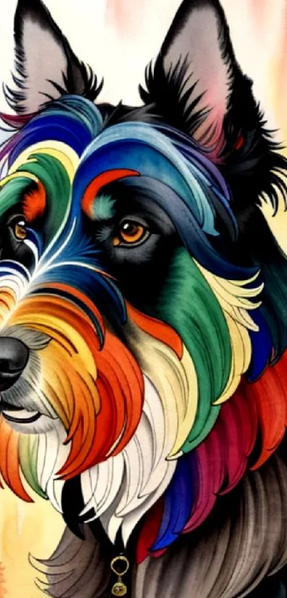 Artistic illustration of a dog with a colorful mane in vibrant hues.