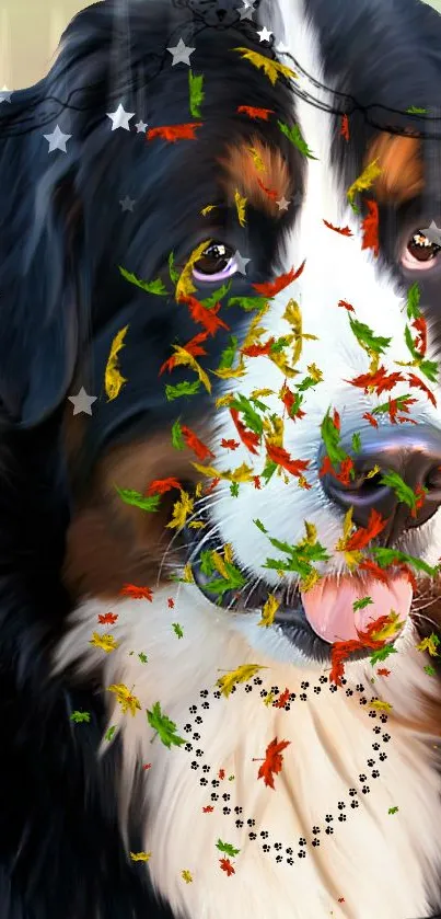 Colorful artistic dog with leaves on a mobile wallpaper.