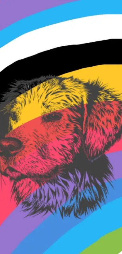 Vibrant wallpaper featuring a colorful dog in psychedelic rainbow hues.