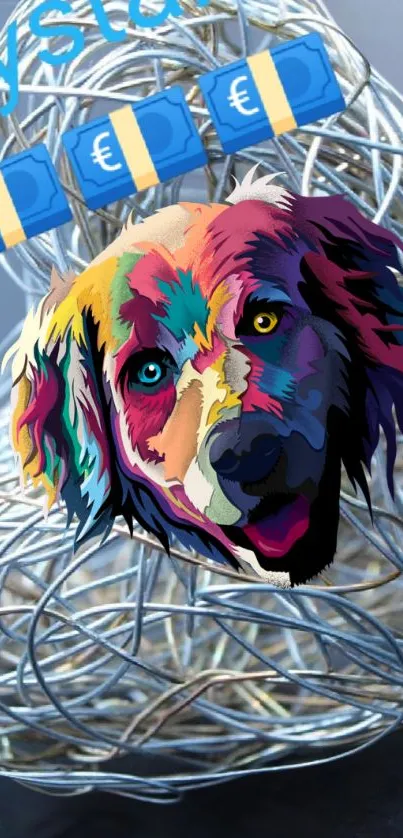 A vibrant, colorful dog art on silver wire background.