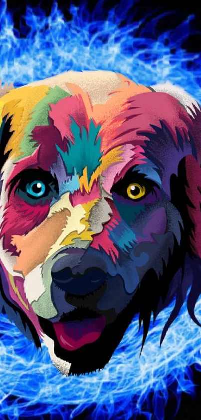 Colorful dog face artwork with blue electric background.