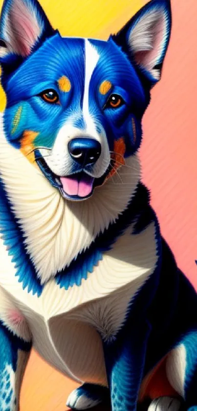 Vibrant and colorful dog artwork on a gradient background.