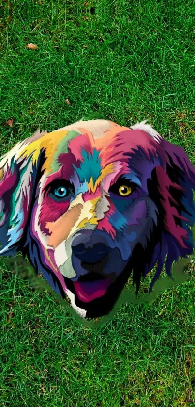 Vibrant dog face on green grass wallpaper