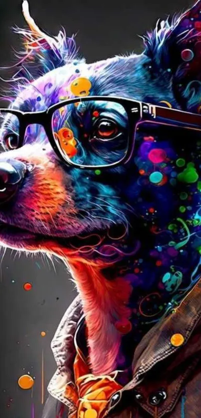 A vibrant digital art of a dog with glasses, featuring colorful splashes.