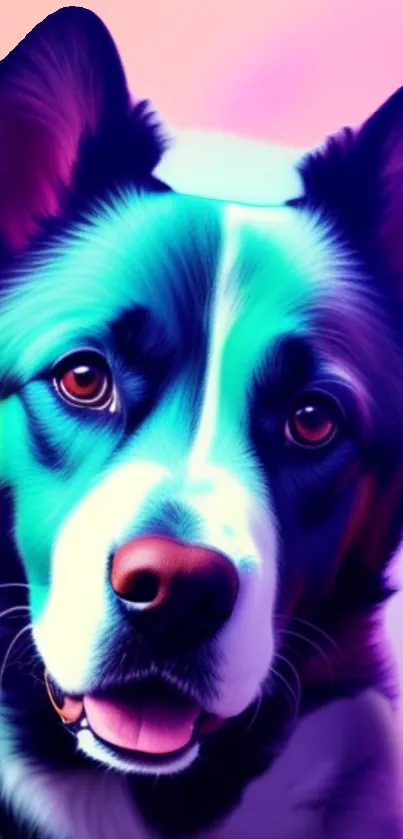 Colorful artistic dog portrait on mobile wallpaper with vivid cyan hues.