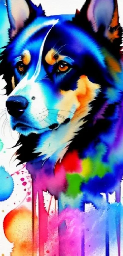 Vibrant watercolor art of a dog with splashes of color.