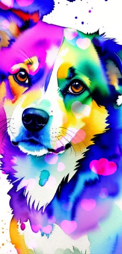 Vibrant watercolor dog art mobile wallpaper with splashes of color.