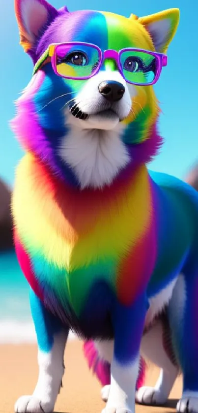 Rainbow-colored dog with glasses on a sunny beach.