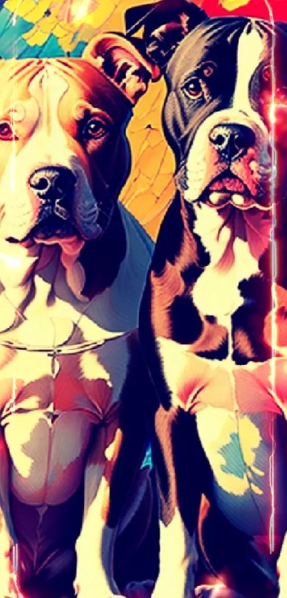 Colorful abstract wallpaper of two dogs in vibrant hues.