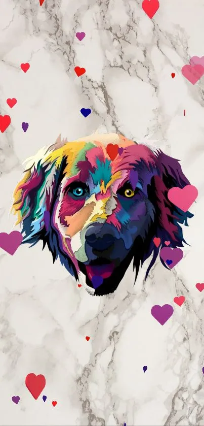 Colorful dog on marble background with hearts wallpaper.