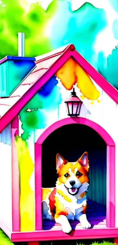 Colorful dog house with a happy dog inside on vibrant green grass.