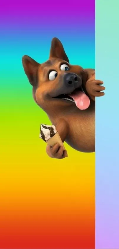 Rainbow wallpaper with a cartoon dog and ice cream.