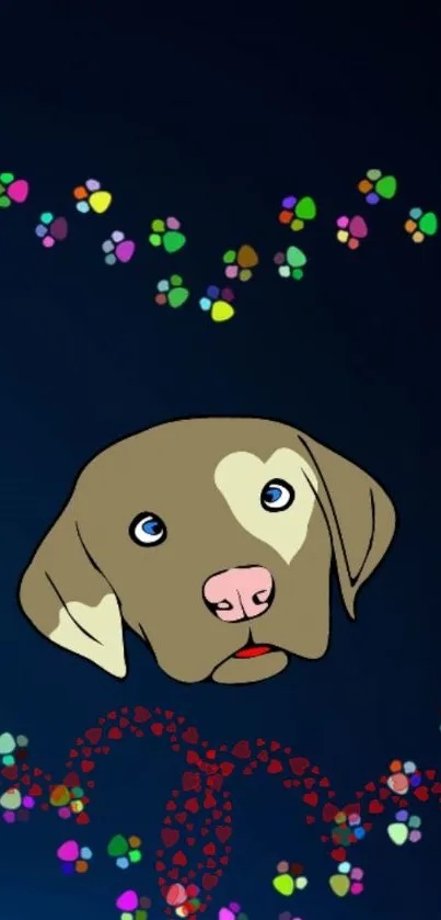 Colorful dog illustration with paw prints and hearts.