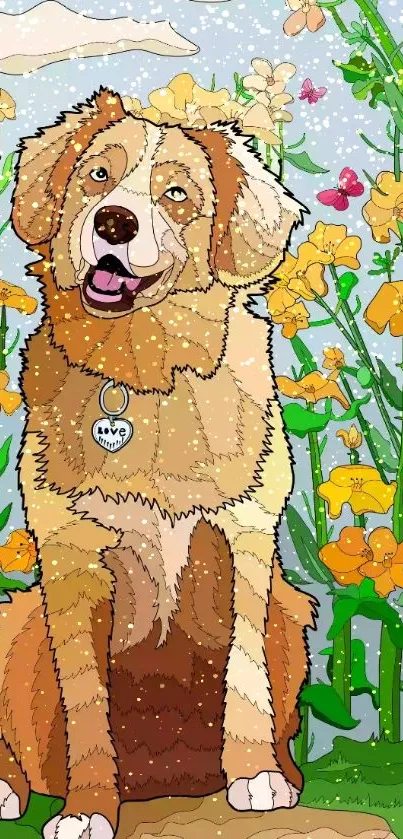 Cartoon dog in colorful flower field with butterflies.