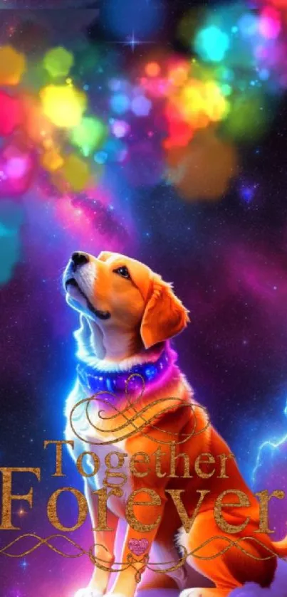 Dog in space with vibrant colors and 'Together Forever' text.