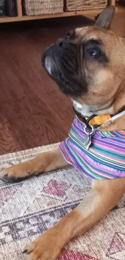 Cute dog in colorful striped outfit on a patterned rug.