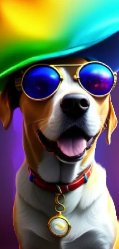 Stylish dog with rainbow hat and sunglasses.