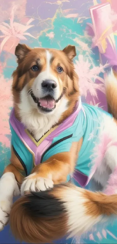 Joyful dog in colorful outfit with a pastel backdrop.