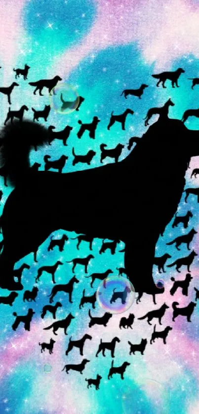 Silhouette of a dog with vibrant galaxy watercolor background.