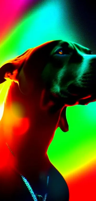 Dog silhouette with neon rainbow glow and vibrant colors.