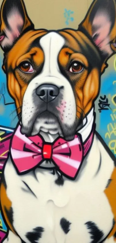 Graffiti-style dog art with a colorful bow tie on beige wall.