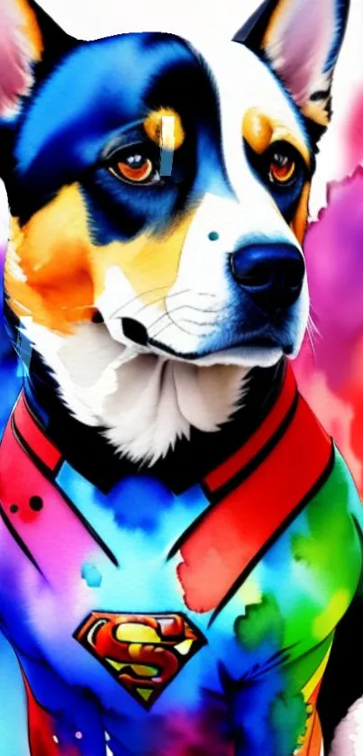 Vibrant watercolor superhero dog illustration with rainbow hues.