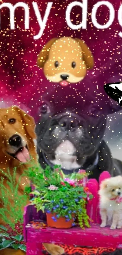 Colorful wallpaper with cute dogs and playful elements.