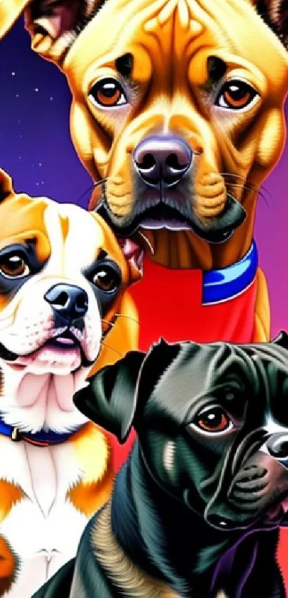 Vibrant digital painting of three dogs on a gradient background.