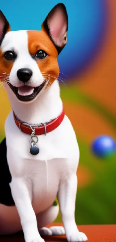 Cute dog with colorful backdrop, smiling happily.