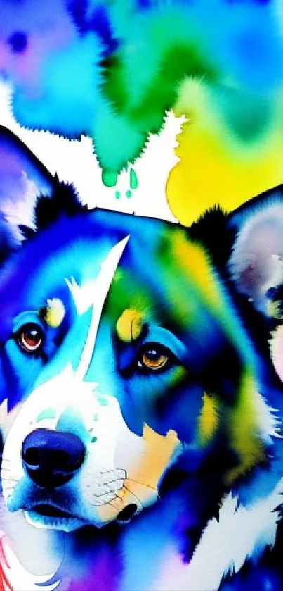 Colorful watercolor art of a dog's face with vibrant splashes of paint.