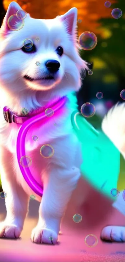 Fluffy white dog with neon effects and bubbles in a vibrant background.