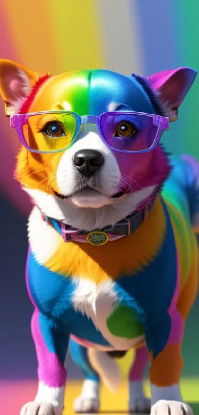 A vibrant dog wearing glasses with a rainbow-colored fur.